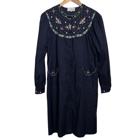 Vintage Lily Embroidered Floral Robe House Coat MuMu Duster Pockets - Picture 1 of 7